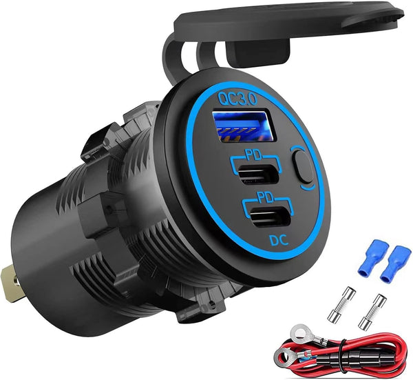12V USB Outlet Wire USB Charger Multi Port, Dual PD3.0 USB-C and Quick Charge3.0 Car USB Port Socket