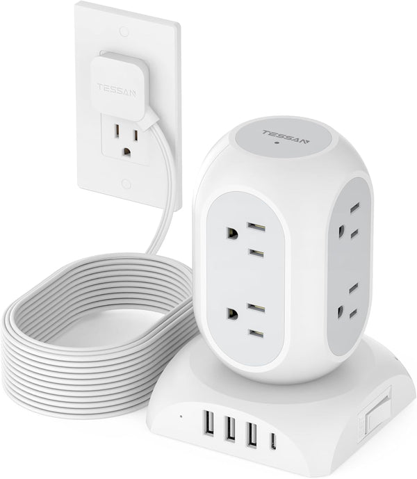 Surge Protector Power Strip Tower, TESSAN 10 Ft Extension Cord with 8 AC Outlets & 4 USB Ports