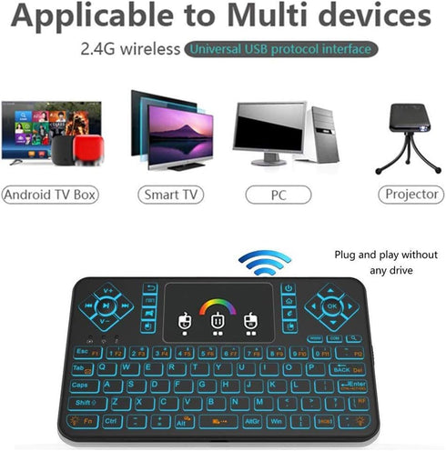 Mini Wireless Keyboard Q9 with Touchpad, Colorful Backlit, Rechargeable Handheld Remote for PC, Raspberry Pi 4, Android