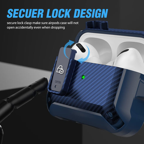 Valkit Airpods Pro Case with Lock Clip - Carbon Fiber Texture Cover with Keychain for Men Women, Shockproof Protective