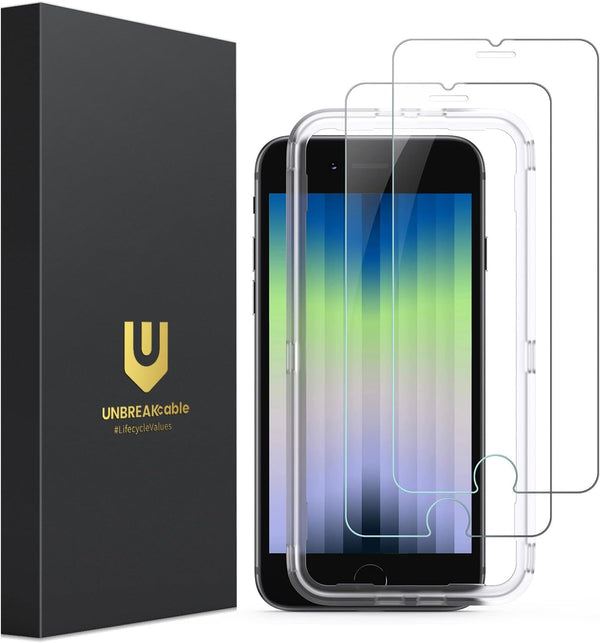 UNBREAKcable 2-Pack Screen Protector for iPhone SE 2022/2020, 8, 7 - 9H Hardness, HD Clear, Double Shatterproof, Easy