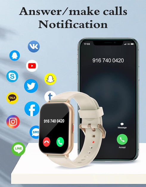 RUIMEN Smart Watches for Women Men, 1.8" Fitness Tracker with Heart Rate Monitor, Waterproof, 2 Bands, Milky White
