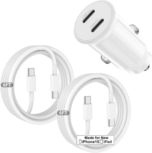 Fast Charging Car Charger for iPhone 16 15 Pro Max, 40W Dual Port USB C with 2Pack 6ft USB C Cable, Type C Adapter,