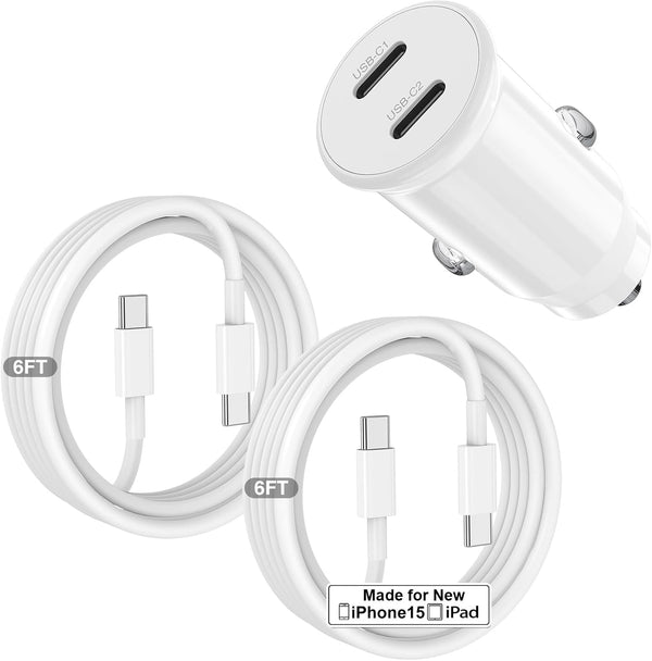 Fast Charging Car Charger for iPhone 16 15 Pro Max, 40W Dual Port USB C with 2Pack 6ft USB C Cable, Type C Adapter,