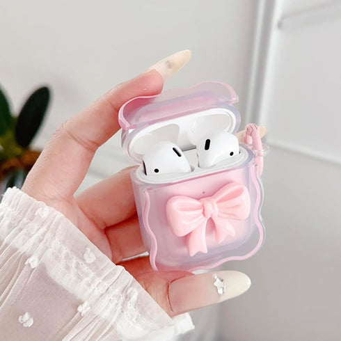 Cute AirPods 2/1 Generation Clear Case, Kawaii 3D Bow Design Soft TPU Protective Cover with Cleaner Kit & Keychain -
