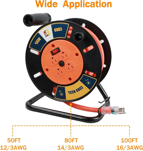 EP Extension Cord Storage Reel with 4-Grounded Outlets, Heavy Duty Open Cord Reel for Power Cords