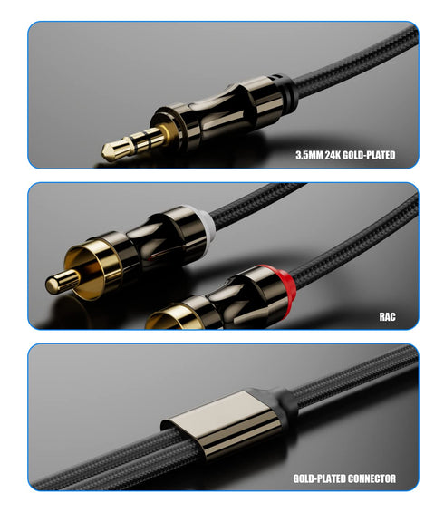 3.5mm to 2RCA Cable,Headphone Male to Male Jack Adapter Nylon Braided 1/8 to RCA Audio Y Cord, Gold-Plated Plugs, for Smartphones, MP3, Tablets, HDTV, Speaker,6.6ft/2M,Black