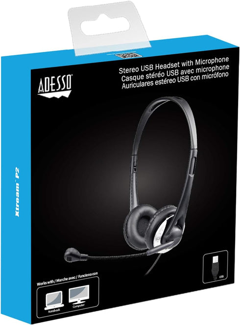 Adesso Xtream P2 USB Wired Multimedia Headset with Noise-Canceling Microphone, Binaural Over The Head, Black