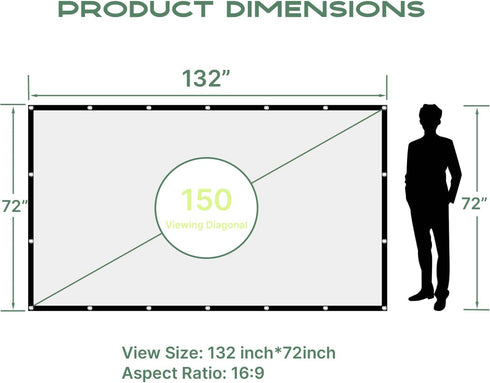 AAJK 150 inch, 16:9 Outdoor Projector Screen Washable Projector Screen Foldable Anti-Crease Portable Projector Movies