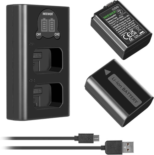 NEEWER NP-FW50 Camera Battery Charger Set, Compatible with Sony ZV-E10 A7 Series, 2 Pack 1100mAh Batteries, Dual Charger