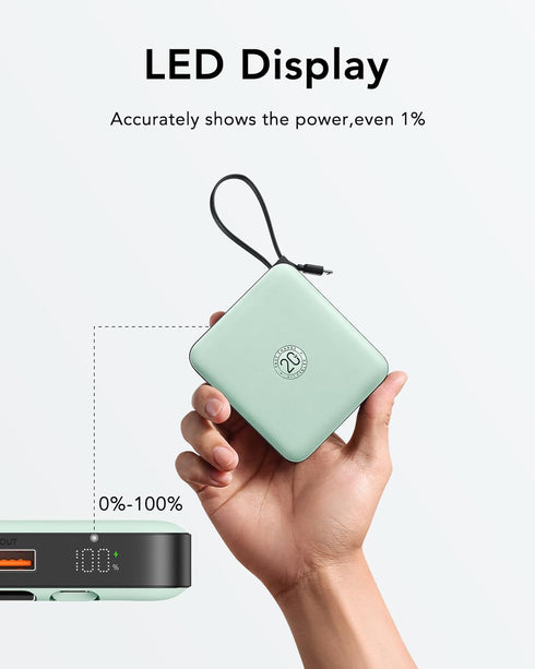 Portable Charger USB C VRURC, 10000mAh Power Bank with Built-in Cable, 20W Battery Pack for iPhone 15 14 Samsung Galaxy