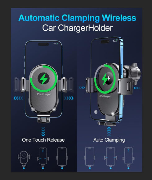 Wireless Car Charger, 15W Fast Charging Auto Clamping Phone Holder, Air Vent Mount for iPhone 15/14/13/12