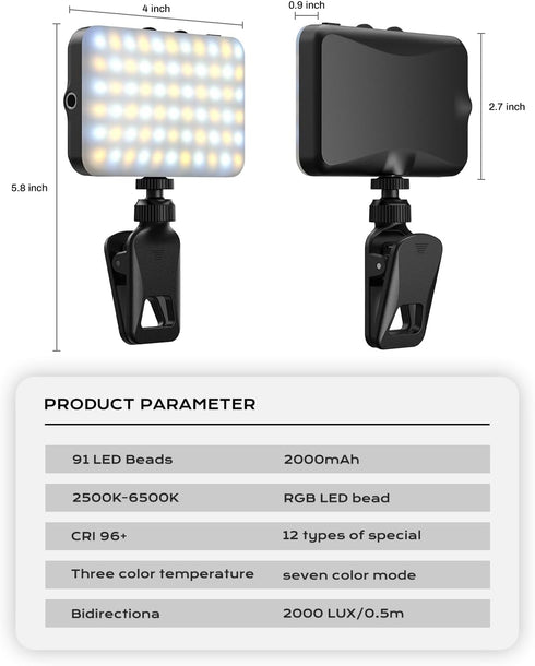 degeca 66 25 96+ 3 2 360 2000mAh LED & RGB Portable Selfie Light, CRI, White & RGB Modes, Rotatable Phone Clip & Camera