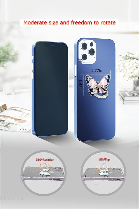 Cute Butterfly Pattern Cell Phone Ring Stand Holder, 360° Rotation Finger Kickstand with Knob Loop (Pink Green)