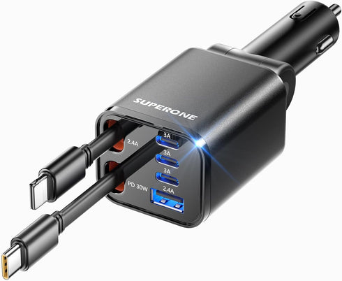 SUPERONE Retractable Car Charger, 99W Car Phone Charger with Cables Fast Charging, USB