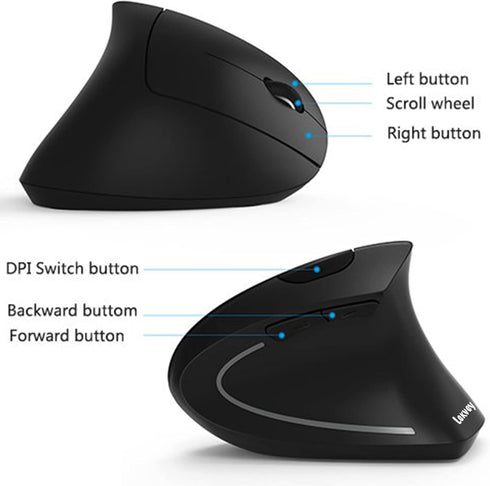 Lekvey Ergonomic Mouse, Vertical Wireless Mouse, Rechargeable 2.4GHz Optical Mouse with 3 Adjustable DPI Levels, Black