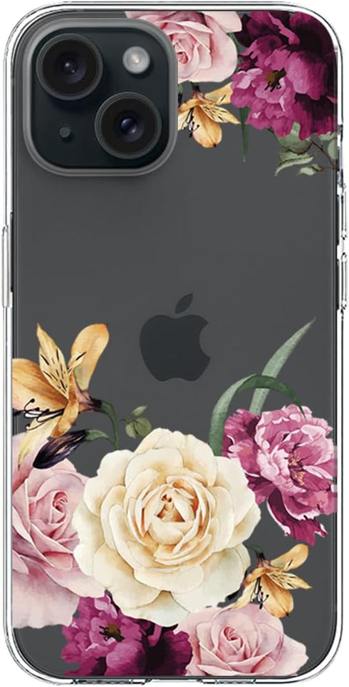 Designed for iPhone 15 Case, Clear Cute Pink Purple Floral Flowers Design, Hard Back Soft Bumper Shockproof Cover
