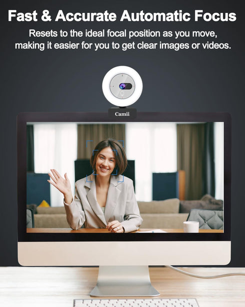 Camii 2K Webcam with Light, HD Webcam for PC with Built-in Privacy Cover, Adjustable Brightness, Noise Reduction Mics