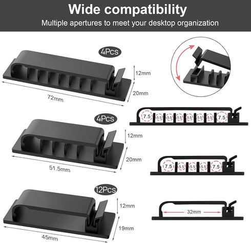 Cable Management Clips, 20Pcs Cable Organizers Wire Clips Cord Holder for TV PC Ethernet Cable Desk Home Office (Black)