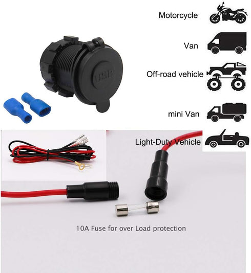 Dual USB Charger Socket Waterproof Power Outlet 12V/24V 2.1A for Car Boat Marine RV with Blue LED