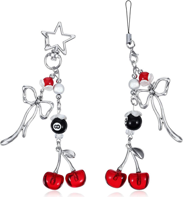 Shimmeroo 2Pcs Cherry Phone Charm Keychain, Cute Cell Phone Charms Kawaii Red Metal