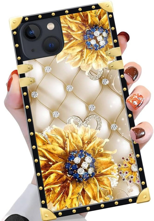 Diamond Sunflower iPhone 15 Plus Case for Women, 6.7" Soft TPU & Hard PC, Shockproof Luxury Protection.