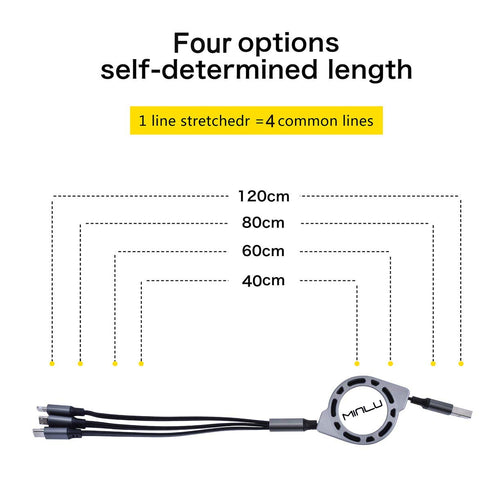 3-Pack Retractable 4Ft Multi Charging Cable 3A - 3 in 1 USB Cable for Samsung Galaxy, LG, Huawei, Tablets & More.