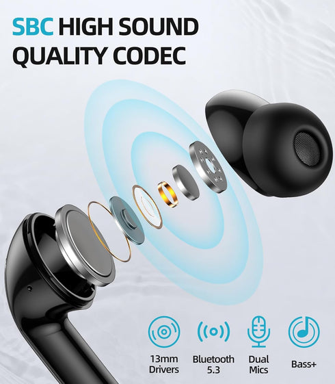 Wireless Bluetooth Earbuds, 50H Playback Deep Bass Stereo Headphones with Dual Mic, Waterproof Charging Case for iPhone