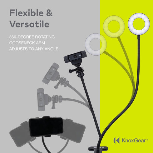 Knox Gear Clip On Selfie Ring Light Stand with Flexible Arm and Interchangeable Cell Phone Holder and Webcam/Camera