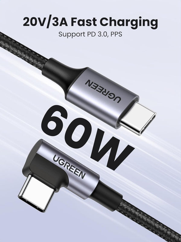 UGREEN 10FT Right Angle USB C Cable, 60W Type C for iPhone 15, MacBook Pro/Air, iPad Pro 2022, Galaxy S24/S23/S22,