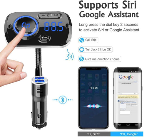 Bluetooth 5.0 FM Transmitter for Car, Wireless FM Radio Adapter with Dual USB Ports