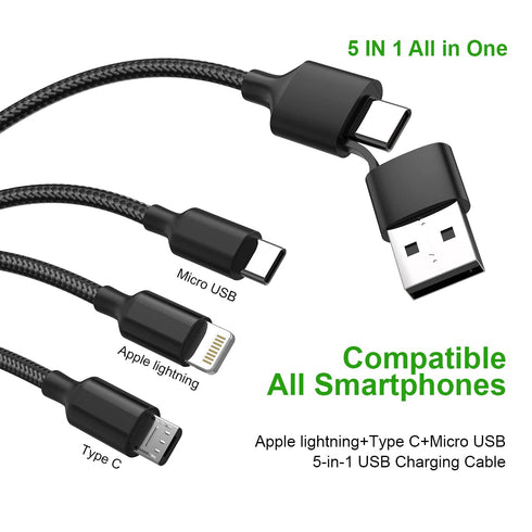 Multi 5 in 1 Universal USB Fast Charging Cable, 1.8M/6FT Nylon Braided Sync Charger Cord for Android/iPhone
