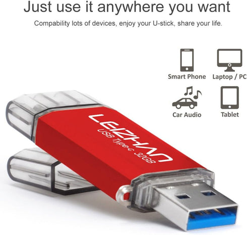 LEIZHAN USB 3.0 Flash Drive, Type-C Memory Stick, 32GB for Samsung Galaxy S9, S8, LG G6, Google Pixel XL