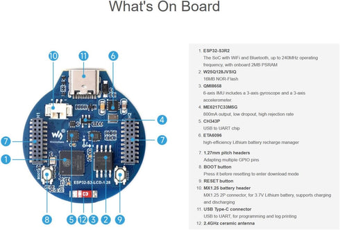waveshare ESP32-S3 MCU Board with 1.28inch IPS Round LCD Display, Supports 2.4GHz Wi-Fi and Bluetooth 5, 32-bit