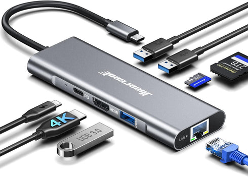 Hiearcool USB C Hub Ethernet, 4K@60 USB C to HDMI Hub, 8in1 Multi-Port Adapter for MacBook Pro Air, Dell
