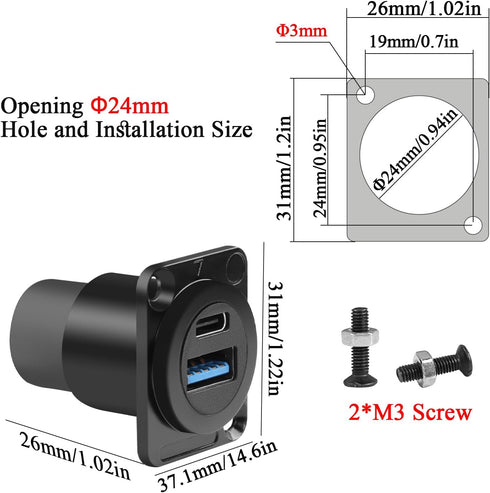 QIANRENON USB3.0 & USB C 3.1 Panel Mount Adapter, USB A & USB C Feedthrough Bulkhead Mount Socket