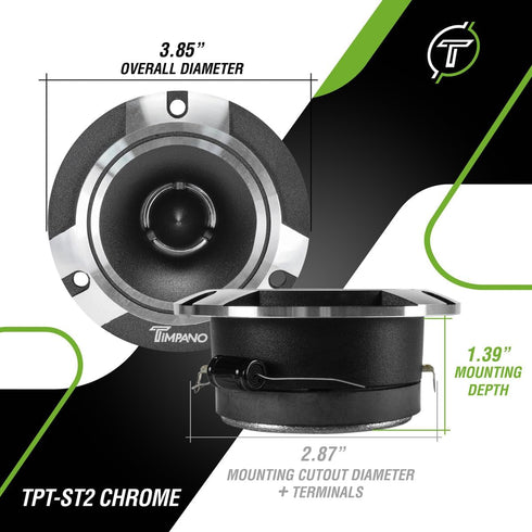 Timpano TPT-ST2 Chrome Super Tweeter, 4 Ohm, 600 Watts Peak, Slim Profile Tweeters for Car Audio (Pair)