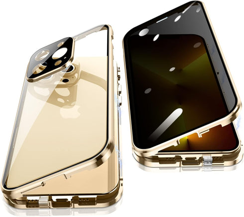 Jonwelsy Anti Peeping Case for iPhone 13 Pro Max, 360 Degree Protection, Privacy Tempered Glass, Magnetic Bumper, Gold