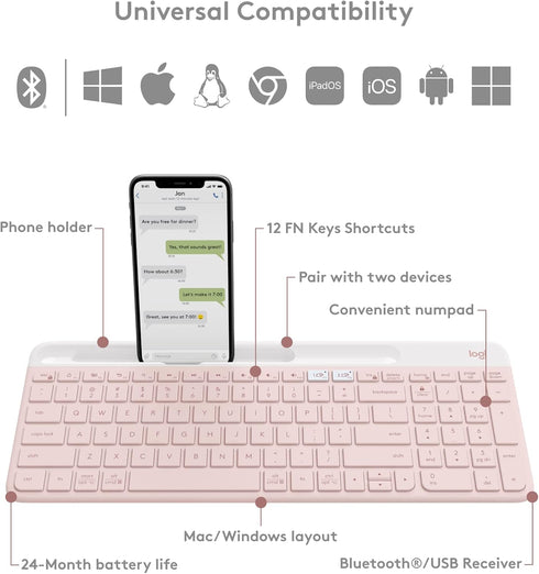 Logitech K585 Multi-Device Slim Wireless Keyboard with Built-in Cradle for Laptop, Tablet, Smartphone, Rose