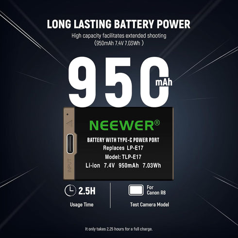 NEEWER 950mAh LP-E17 Replacement Battery for Canon EOS R50 R8 RP R10 R100, USB Type C Fast Charging