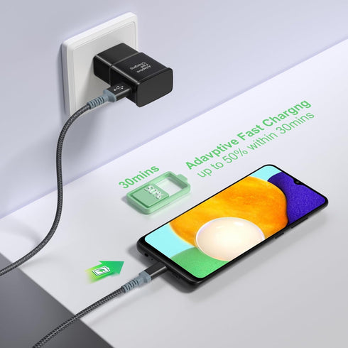 Adaptive Fast Charging Wall Charger with USB C Cable 10Ft, Excgood Fast Charger Power Adapter USB Type C Cable Fast Charging Compatible with Galaxy S23 S22 S21 S8 S9 S10 A13 A14 A03s-Black