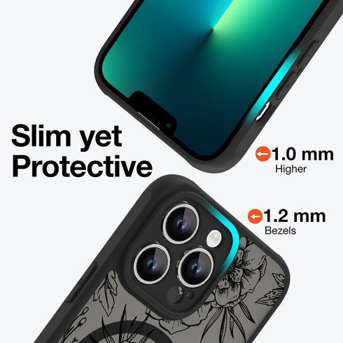 OOK Black Floral Pattern Magnetic Case for iPhone 13 Pro, Compatible with MagSafe, Slim Translucent Matte Protection
