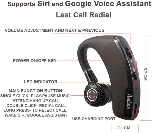 Ambar Wireless Bluetooth Earpiece with Built-in Mic, Ideal for Hands-Free Calling, Compatible with iPhone & Android