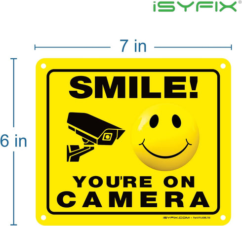iSYFIX Smile You're on Camera Signs for Business – 2 Pack 7x6 Inch – 40 mil Thick Polystyrene Plastic Sign, Laminated UV, Scratch, & Fade Resistance, Security Camera Sign for Home, Business, CCTV by iSYFIX