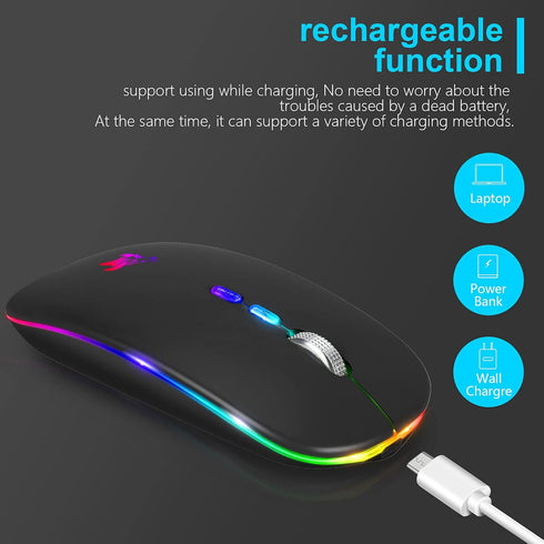 HOTLIFE Slim Rechargeable LED Wireless Mouse, Portable USB Optical 2.4G Bluetooth Computer Mice with Type C Adapter