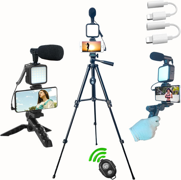 Vlogging Kit for YouTube, iPhone & Android Phone, Includes Two Tripods, Light, Microphone, Remote, and Jack Adapter
