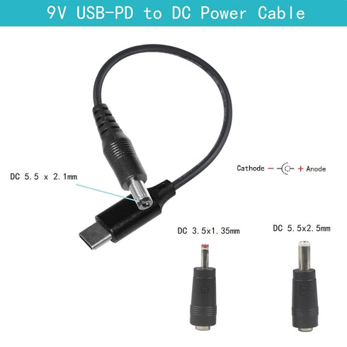 Type-C to DC Power Cable - 3ft USB-C Plug to DC 5.5 x 2.1mm Male Charging Cable for 9 Volts Device
