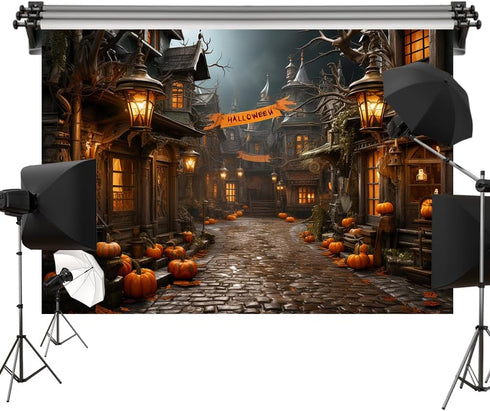 Kate 7x5ft/2.2x1.5m Halloween Backdrop, Pumpkin Lane Cobblestone Street Photo Background Studio Props