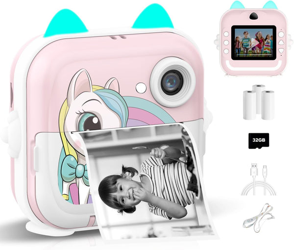 Instant Print Camera for Kids, Christmas Birthday Gifts, Selfie Digital Camera with 1080P Videos, Portable Toy for Ages