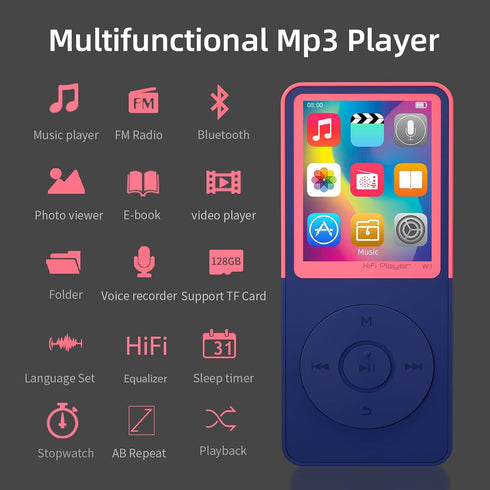 GOPOSOO MP3 Mp3 Artist/Album/Style,FM (Pink,32GB) Player with Bluetooth Portable Bluetooth Music Player,EQ,Breakpoint
